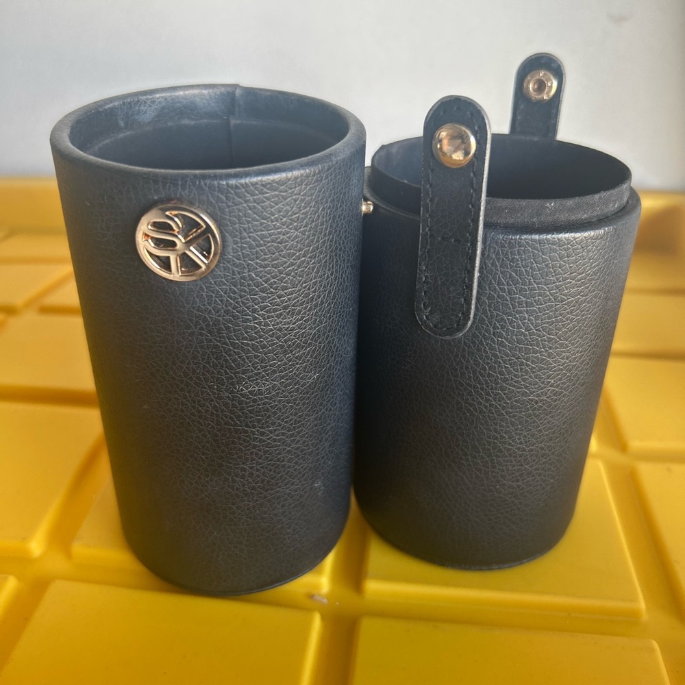 Black Leather Cup Holder with Gold Logo